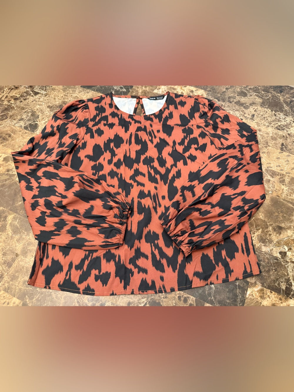 SHEIN Rust and Black Leopard-Print Puff-Sleeve Blouse